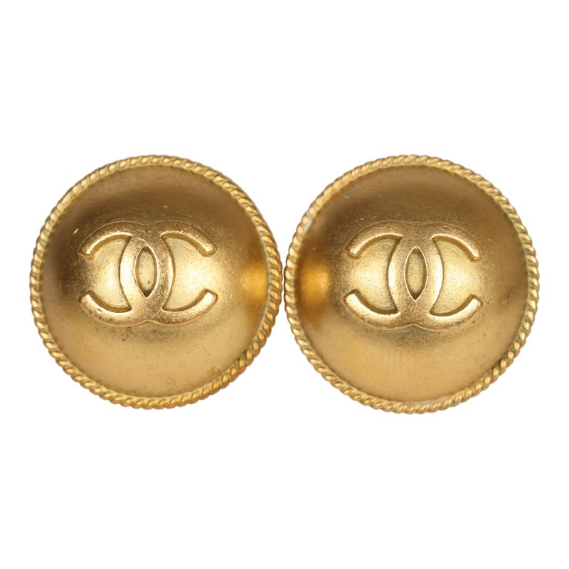 Vintage Chanel CC Round Button Clip On Earrings Gold Metal