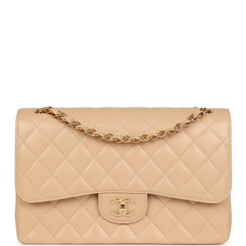 Chanel Jumbo Classic Double Flap Bag Beige Caviar Gold Hardware